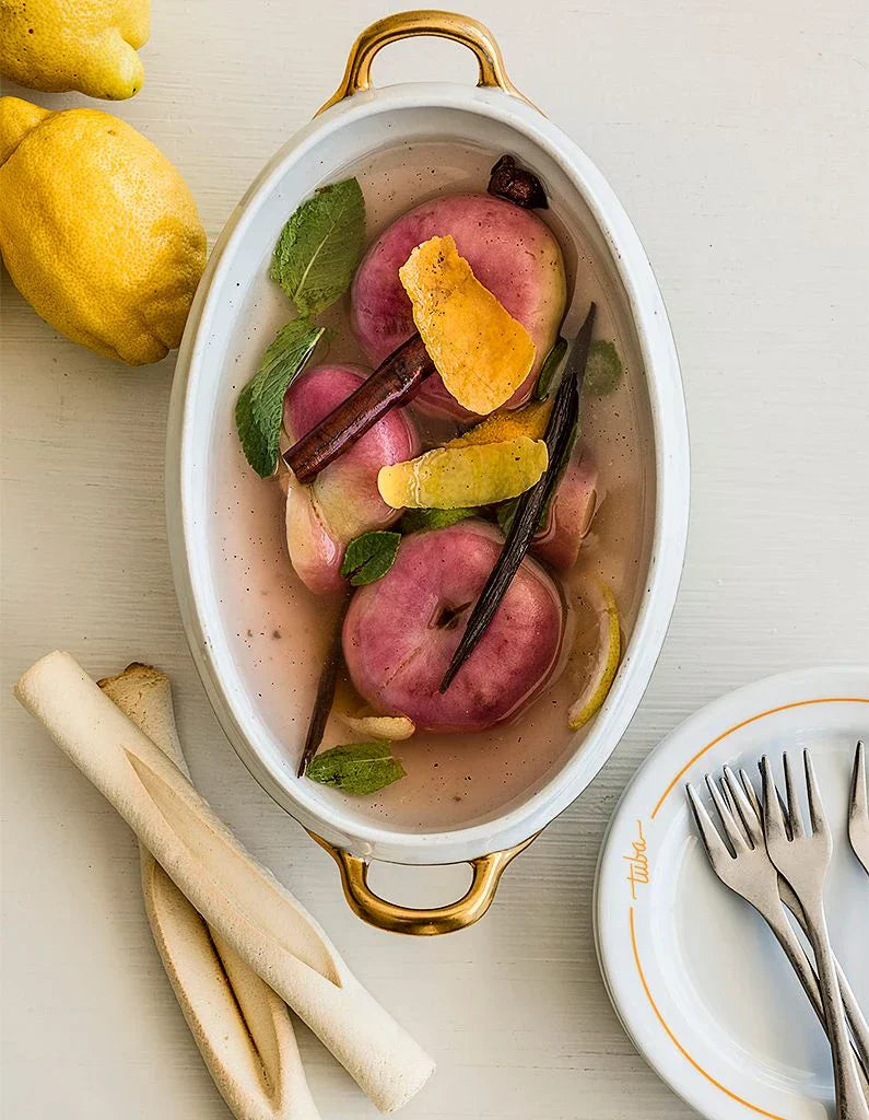 Pêches pochées verveine-vanille